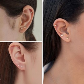 Halora 3 Pairs of Earrings Gold/Silver Stud Women's Stud Earrings Gold Small Set Zirconia Golden Earrings for Multiple Ear Holes Gold Silver Earrings for Women, Bronze, Cubic Zirconia