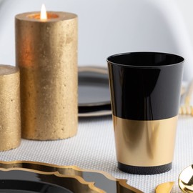 PLASTICPRO Disposable 12 oz Black Plastic Tumblers With Gold Band for Party's & Weddings pack of 20