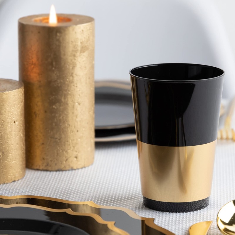 PLASTICPRO Disposable 12 oz Black Plastic Tumblers With Gold Band