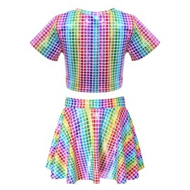 Happy Cherry Girls Shiny Hip Hop Crop Top Skirt Set 2 Pcs Dance Outfits Jazz Cheerleading Rave Outfits Metallic Sparkly Performance Clothes Set