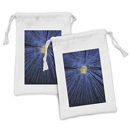Ambesonne Nature Fabric Pouch Set of 2, Full Moon Depiction in Woods Star Night Heavenly Lunar Treetops up Space Universe Art, Small Drawstring Bag for Toiletries Masks and Favors, 9" x 6", Blue