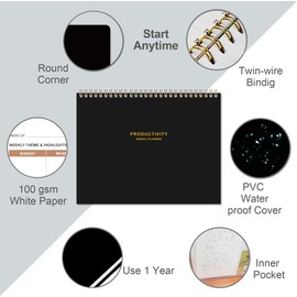 Weekly Productivity Planner - 8.5" x 11" Dashboard Desk Notepad Has 6 Focus Areas to List Tasks for Goals, Projects, Clients, Academic or Meal-Organize Your Daily Work Efficiently, 54 Weeks, Black