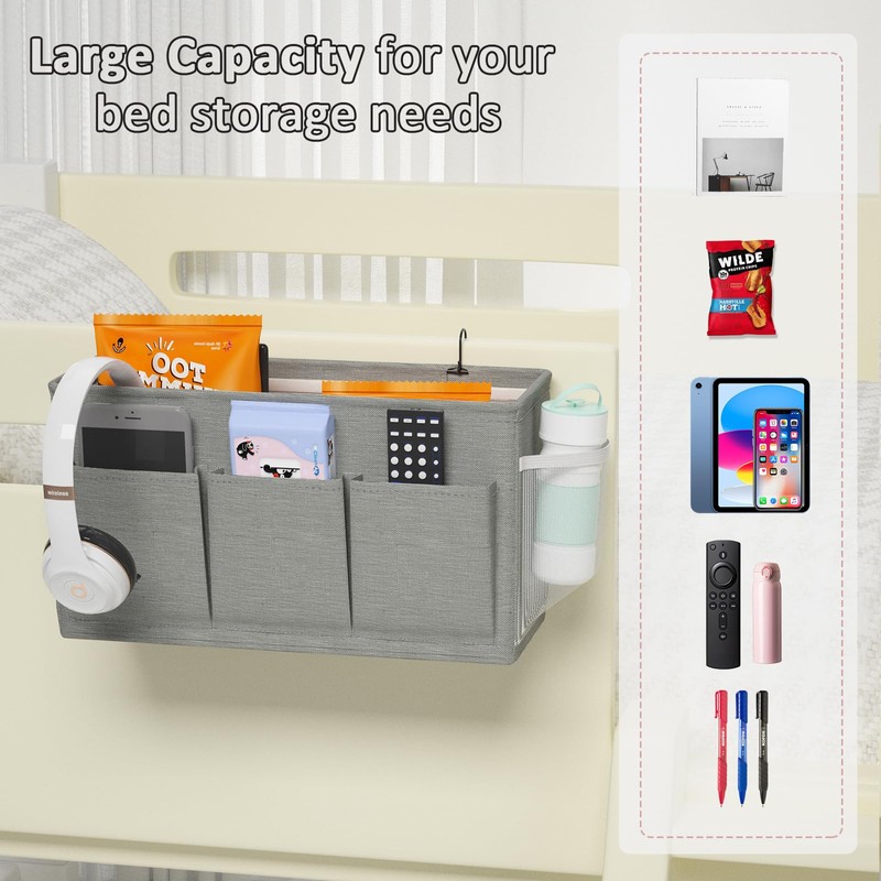 Edudif Dual-purpose Bedside Caddy Bedside Organizer, Bed Caddy with 6
