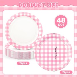 Houuqe 48pcs Pink Gingham Party Plates 7 Inch Checkered Plaid Dessert Plates Disposable Pink and White Paper Plate for Fall Picnic BBQ Birthday Summer Dinner Party Supplies