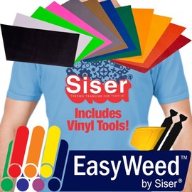 SISER EasyWeed Heat Transfer Vinyl, 12 Inch x 15 Inch Starter Bundle Plus Vinyl Wrap Toolkit Including Yellow Detailer Squeegee & 2X BlackFelt Edges - 24 Total Rolls (12 Color Bundle x2 w/Tools)