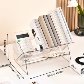 Desktop Bookshelf, Small Desk Organiser Tilted Bookcase for Home Office School, Kids Bookends Display Rack for CDs Magazines Books (Clear)