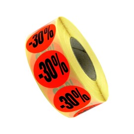 1,000 Promotional Labels / Discount Labels with Imprint -30% | Bright Red Permanent 32 mm, 1 Roll