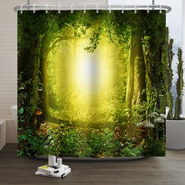 Xiaoterna Fairy Tale Fantastic Forest Shower Curtain Fantastic Woodland Jungle Bathroom Curtain Natural Landscape Sunrise Bokeh Shower Curtain Machine Washable Waterproof Fabric 240x180cm