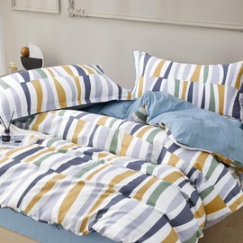 SAPHREAS HOME Colored Line Duvet Cover Set 100% Cotton Geometric Pattern Duvet Cover King Size 3pcs 1 Duvet Cover 2 Pillowshams with Zipper & Corner Ties Breathable All Season, Nereids