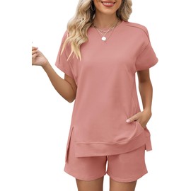 BUNSLOOM Women's Two-Piece Loungewear Summer Short Sleeve Sweatsuit Crew Neck Lounge Shorts Set, pink, S