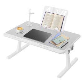 Laptop Bed Desk for Bed Couch, Foldable Portable Lap Desk, Height Adjustable Laptop Bed Table with Drawer/Bookshelf/Light/Fan/USB Interface, Laptop Stand Tray Table for Reading Working (Grey)