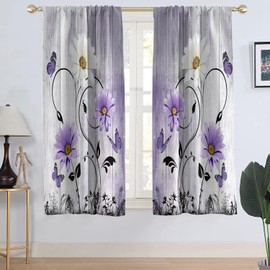AAtter Purple Floral Window Curtain Lavender Lilac Rustic Flowers Country Butterfly White Daisy Abstract Leaves Wide Living Room Bedroom Window Drapes Treatment Fabric 1 Pair, 52" W x 63" L, Wooden