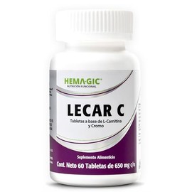 LECAR C L-Carnitina y Cromo - 60 Tabletas de 650 mg - Suplementos Alimenticios - Fórmula con Celulosa Microcristalina y Polinicotinato de Cromo - 250 mg y 200 mcg c/u
