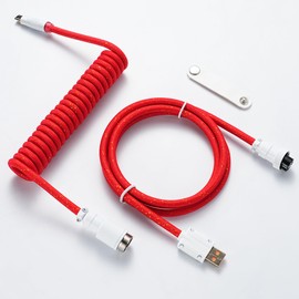ELEXCLAIM Coiled Keyboard Cable USB-C to USB-A 1.5M, Double-Sleeved Braided with Detachable 5-Pin Aviator Connector for Gaming Keyboards (Red)