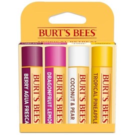 Burt's Bees - Bálsamo labial, protector labial hidratante, para hidratación durante todo el día, 100 % natural, Tropical, piña, bayas con agua fresca, fruta del dragón y coco y pera (paquete de 4)