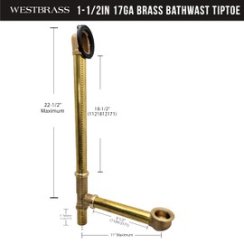 Westbrass D326-01 22-1/2" 17 Gauge Brass Bath Waste & Overflow Assembly with Tip-Toe Drain Plug and 2-Hole Faceplate, Polished Brass