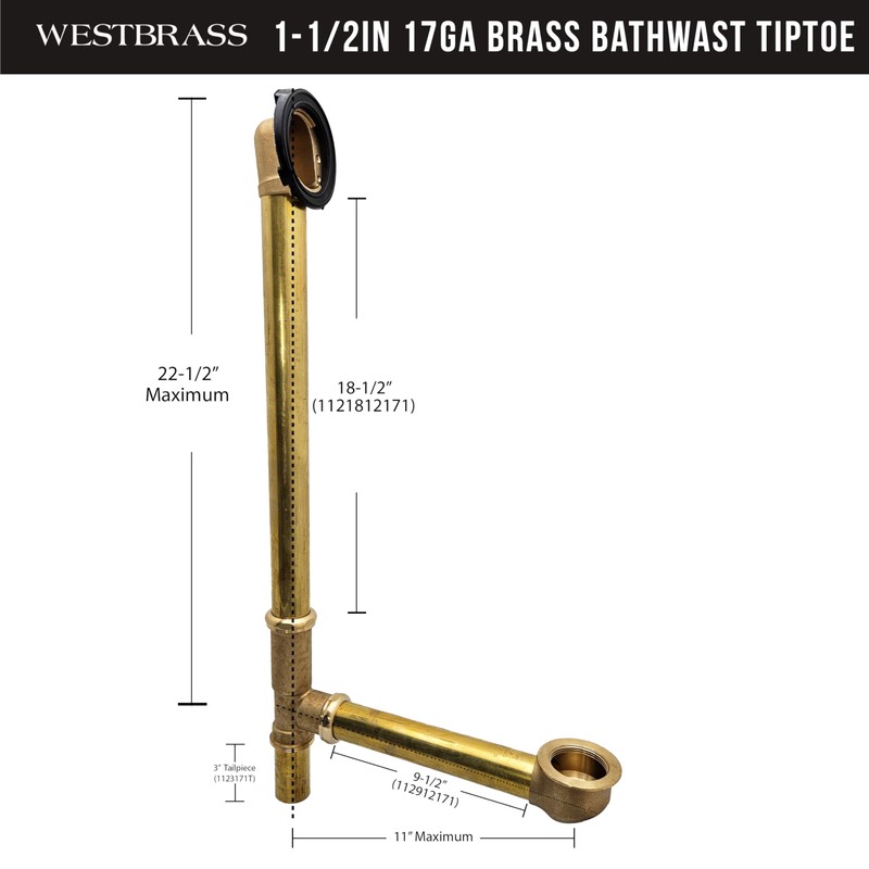 Westbrass D326-01 22-1/2" 17 Gauge Brass Bath Waste & Overflow