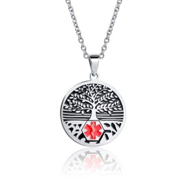 QeenseKc Tree of Life Medical Alert ID Necklace for Women Men Stainless Steel Lung Disease Medical Identification Pendant Jewelry
