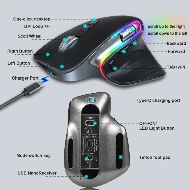 Zienstar Mouse Rgb Ergonómico Bluetooth Y Inalámbrico Usb