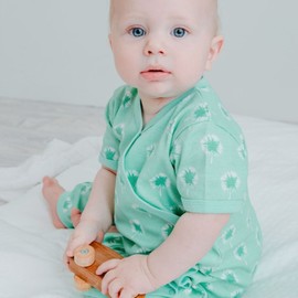 Organic Cotton Summer Short Sleeve Crossover Sleepsuit - Dandelions in Mint, 6-12 MTHS