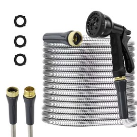 AnyEasy Stainless Steel Garden Hose 100ft Heavy Duty Metal Water Hoses with 8 Function Water Hose Nozzles for Yard Outdoor
