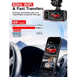 LECTRUS 3 Channel 4k Dash Cam Front and Rear and Inside, Car Mount Dash Camera with WiFi, 64GB Card, Night Vision, App Control, Loop Recording, G-Sensor, 24h Parking Mode, 3" IPS Screen