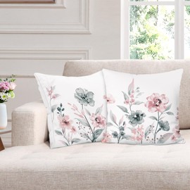 Bonhause Watercolor Floral Throw Pillow Covers 18 x 18 Inch Grey Pink Flowers Abstract Modern Decorative Pillow Cases for Couch Sofa Bed Home Garden Patio Decor Set of 2