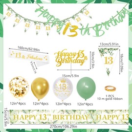 13th Birthday Decorations,Sage Green 13th Birthday Party Decorations Include Happy 13th Birthday Banner,Triangle Flag and Confetti Balloons for Party Birthday Decorations (13th Birthday)