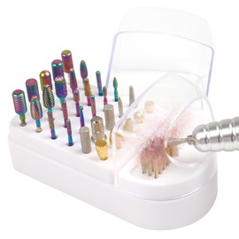Nail Drill Bits Holder 2 in 1 Nail Drill Bits Cleaning Brush Case, 30 Holes Dustproof Acrylic Nail Drill Holder Storage Box, Nail Drill Bit Holder Stand Displayer Organizer for Home Salon Use (White)
