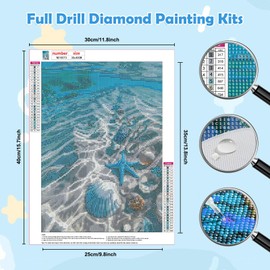 HEIBAGO Shells 5D Diamond Painting, Sea Full Drill Diamond Painting Sets for Adults Beginners, DIY Cross Embroidery Diamond Art Landscape Diamond Art Pictures for Home Wall Decor 30 x 40 cm