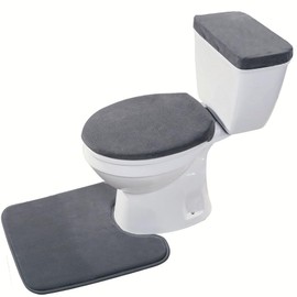 Madeals Velvet Toilet Lid Cover and Tank Lid Cover with Memory Foam Toilet Mat 3 Piece Toilet Contour Rug Set Drak Gray