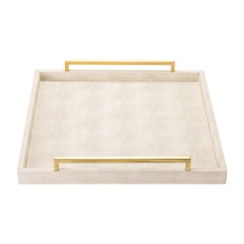 Large Ottoman Tray for Coffee Table,Square Shagreen Leather Decorative Tray with Gold Handles for Living Room Decor