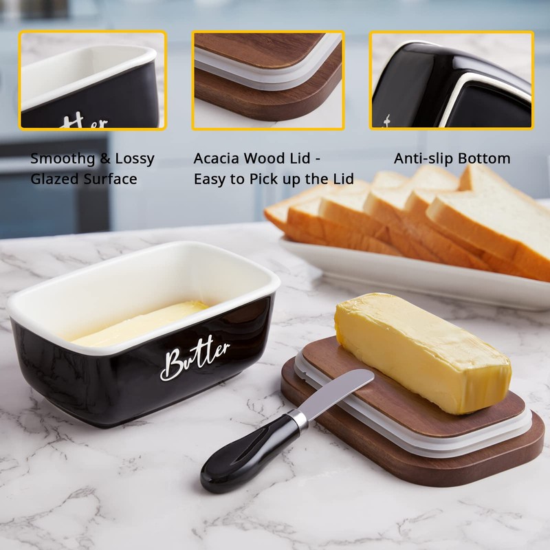 ALELION Black Butter Dish with Lid and Knife for Countertop