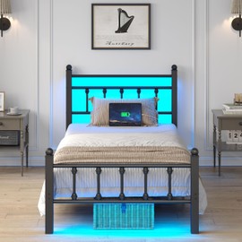 HuaYing Twin Bed Frame with Smart LED Lights, Storage Headboard and USB Charging Station,Heavy Duty Wooden Slats, No Box Spring Needed, Noise Free, Easy Assembly (Retro Black, Twin)