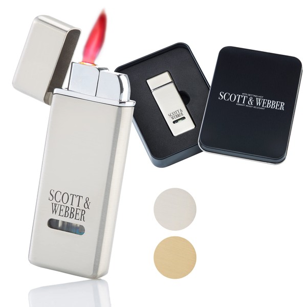 Scott & Webber® - Windproof Lighter with Jet Flame - Refillable Metal Lighter Adjustable up to 1300 °C - Includes Elegant Metal Box (Silver Master)