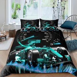 Sports Car Bedding Set Formula Race Car Duvet Cover for Kids Boys Girls Extreme Sports Comforter Cover Cool Speed Teal Blue Bedding & Linen 3Pcs Double Size