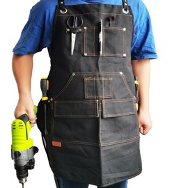 EZZLife Work Aprons, 29.53 x 24.80in(75x63cm) Heaavy Duty Carpenters Working Canvas Apron with Pockets, Tools Aprons for Garden, Pottery, Workshop and Crafts Work - Black