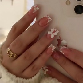 French Tip Press on Nails Medium Square Fake Nails with Sparkly Bow Pearl Design Designs Full Cover Glue on Nails Artificial Rhinestones Stick on Nails for Women Acrylic Manicure Salon 24pcs