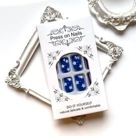 Square Press on Nails 4th of July Fake Nails Medium Length False Nails with Skull Stars USA Patriotic Designs Glossy Cool Independence Day Glue on Nails Full Cover Acrylic Nails for Women Girls