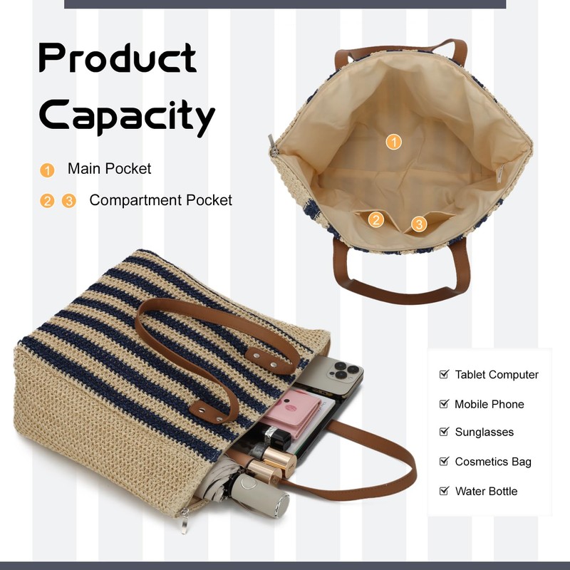 EVEOUT Women's Straw Shoulder Bags with Striped Summer Boho Large