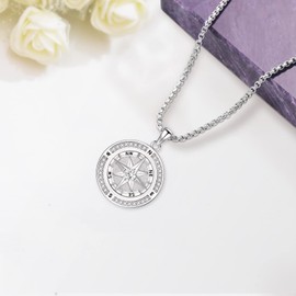 Eusense Compass Necklace 925 Sterling Silver Compass Pendant Chain Gifts for Father's Day Graduation Gift Jewellery for Men Women, Sterling Silver