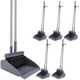 Nosiny 6 Set Broom and Dustpan Set with 48 Inches Long Handle with Stand up Dustpan Combo Set Large Size and Stiff Broom Dust Pan for Office Kitchen Lobby Floor Use