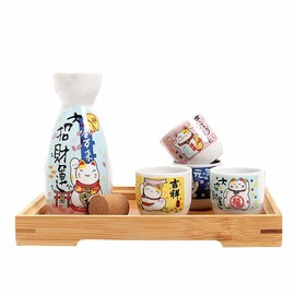 EatingBiting 5pcs set Japanese Maneki Neko Ceramic Sake Set Lucky Cat Sake Cups Glasses Bottle Set with 1 Serving Carafe Bottle (180ml) 4 Cups (40ml) Lucky Cat Pattern
