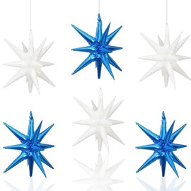 6 Pcs Star Foil Balloons One-Piece 14-Pointed Star Balloons 4D Starburst Cone Mylar Balloons 22inch Christmas Birthday Wedding Wedding Anniversary Party Supplies(White + Blue)
