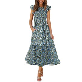 OFEEFAN Maxi Dresses for Women 2025 Casual Dresses Summer Wedding Guest Dress Floral Blue M