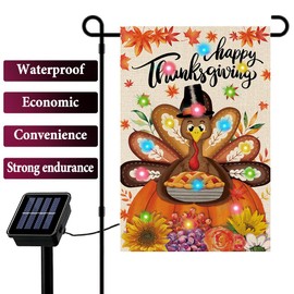 Happy Thanksgiving Turkey lighted Double Sided 12 * 18 small Garden Flag Solar LED 8Lighting Modes 16Lights Fall Patio Home and Outdoor Decor Thanksgiving Outdoor Lawn Porch Decoration (Turkey)