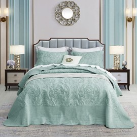 CHIXIN Oversized King Bedspread 128x120 Extra Wide - Lightweight Bedding Cover - Beautiful Stitching - 4 Piece Reversible Bedspread - Gorgeous Damask Paisley Pattern (King/Cal King, Seaglass)