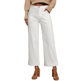 EVALESS Womens High Waist Wide Leg White Jeans Trendy 2025 Cropped Denim Pants Solid Ankle-Length Cotton Stretchy Jeans with Pockets Size 14