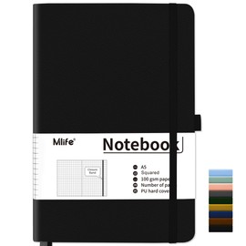 Mlife A5 Notebook, Squared, 200 Pages Notebooks Hardcover, Premium 100 gsm Ink-Proof Paper Thickness, PU Hard Cover Notebook, Inner Pocket, Elastic Band, Bullet Journal and Notepad, Diary (Black)