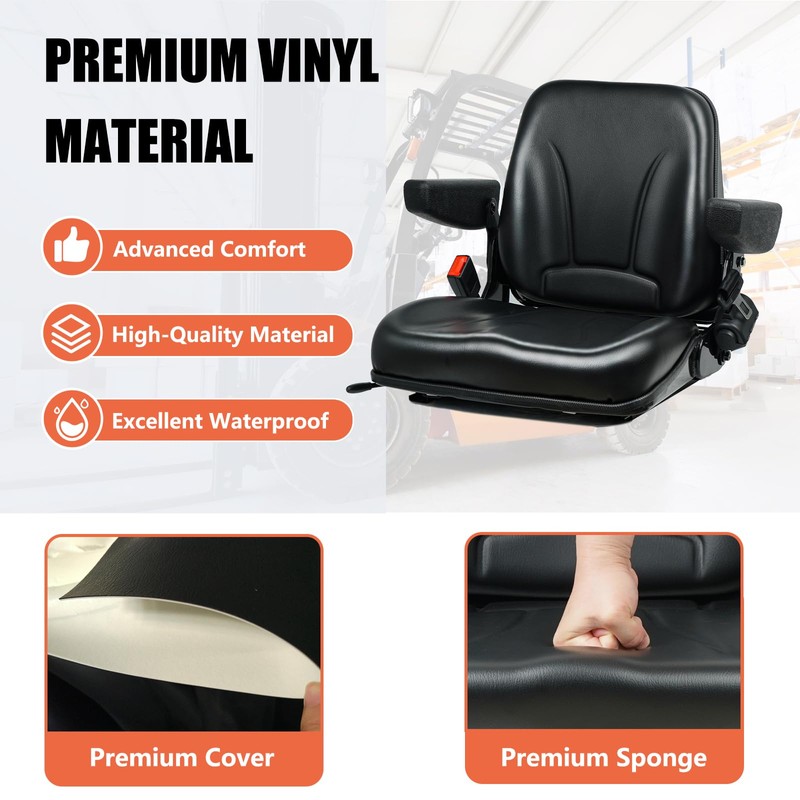 Universal Forklift Seat, Fold Down Tractor with Armrest, Retractable Safety